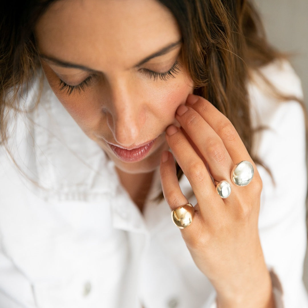 Bubble Spark handmade ring, polished recycled gold with a brilliant center diamond