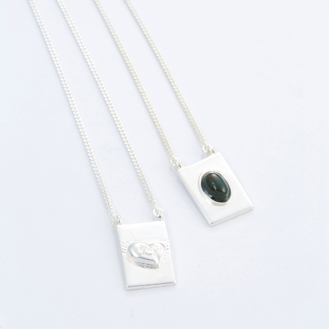 Grace scapular necklace by Carlota Guardia Jewelry from the Be Grateful collection, designed to support a daily gratitude ritual, crafted in recycled sterling silver with natural gemstone.